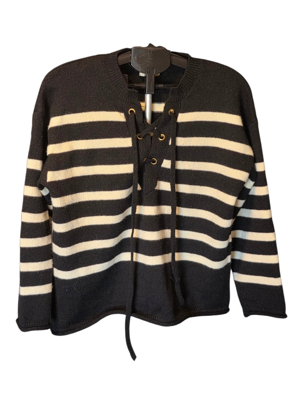 BiBi Black and White Striped Lace-Up Crewneck Sweater